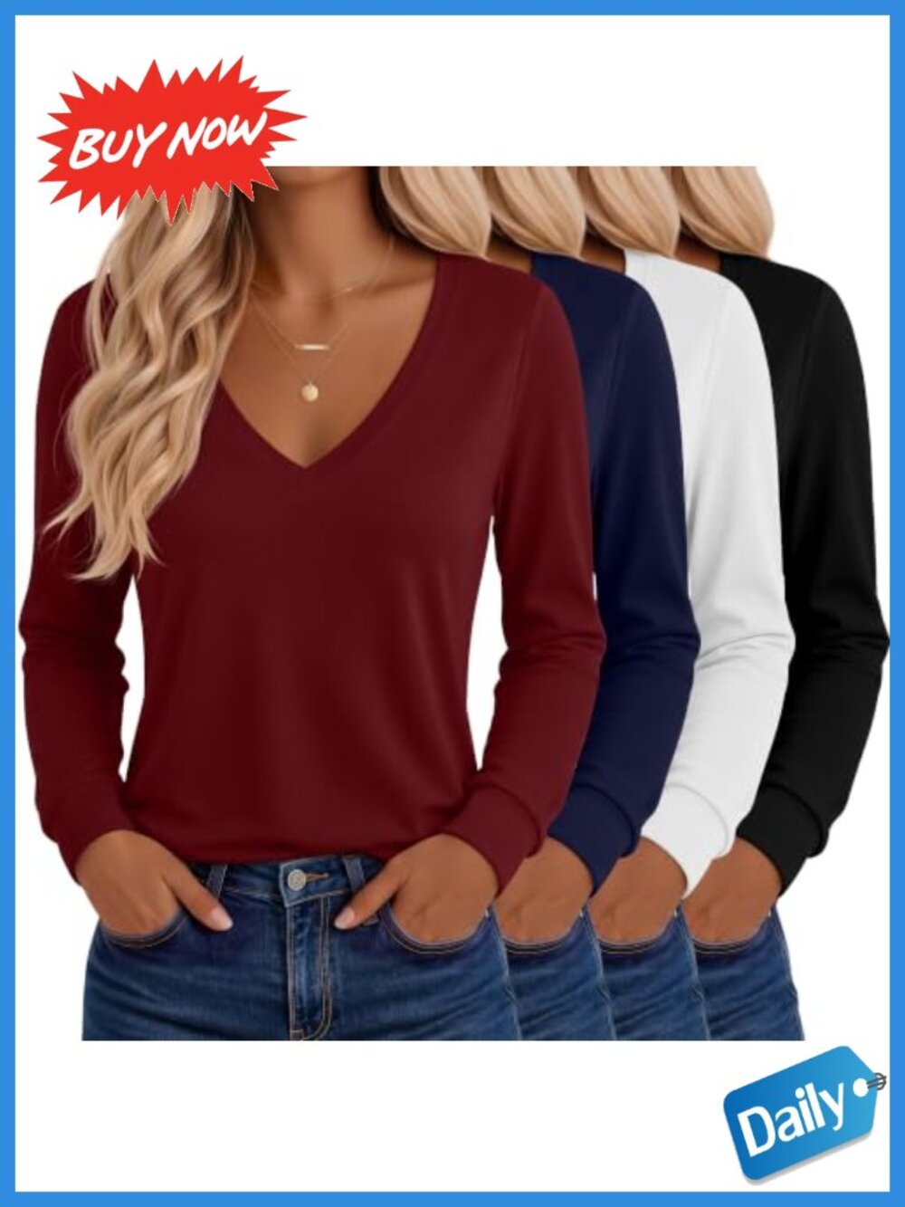 Women's Long Sleeve V-Neck Tops 4 Pack Cotton Spandex Fall Shirts
